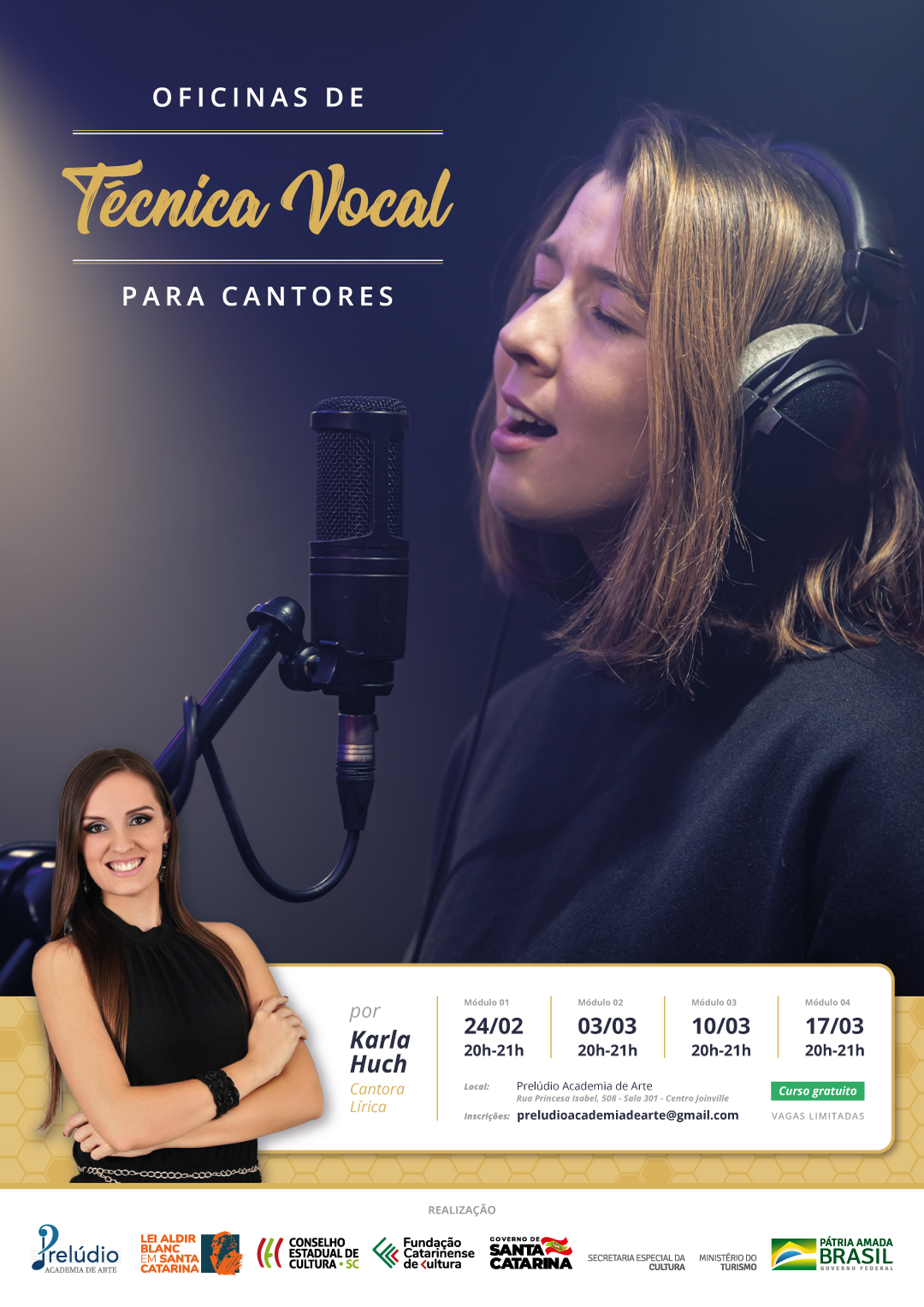 Oficina gratuita de técnica vocal com Karla Huch